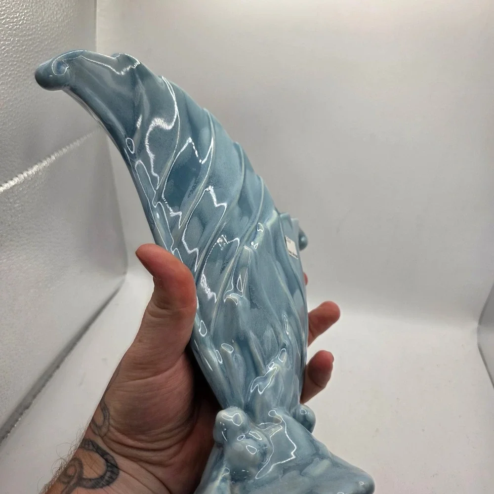 Vintage Royal Haeger Royal Hickman Blue Fan Leaf Vase Planter Art Pottery USA